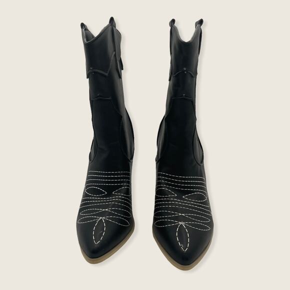 Black Blue Snakeskin Print Western Cowgirl Point Stacked Block Heel Mid Boot 38 - Picture 2 of 14